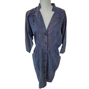 Vintage 80s Wild Shirt Dress Womens Size L Blue Funky Office